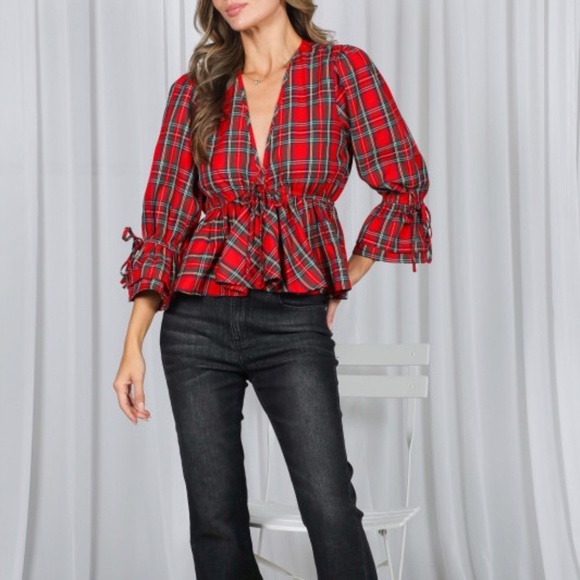 Red Holiday Plaid Ruffle Sleeves V-Neck Cinched Waist Blouse Top - Picture 5 of 5